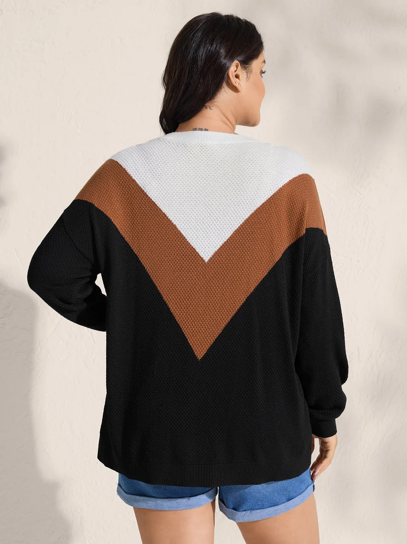 Textured Color Contrast Round Neck Pullover