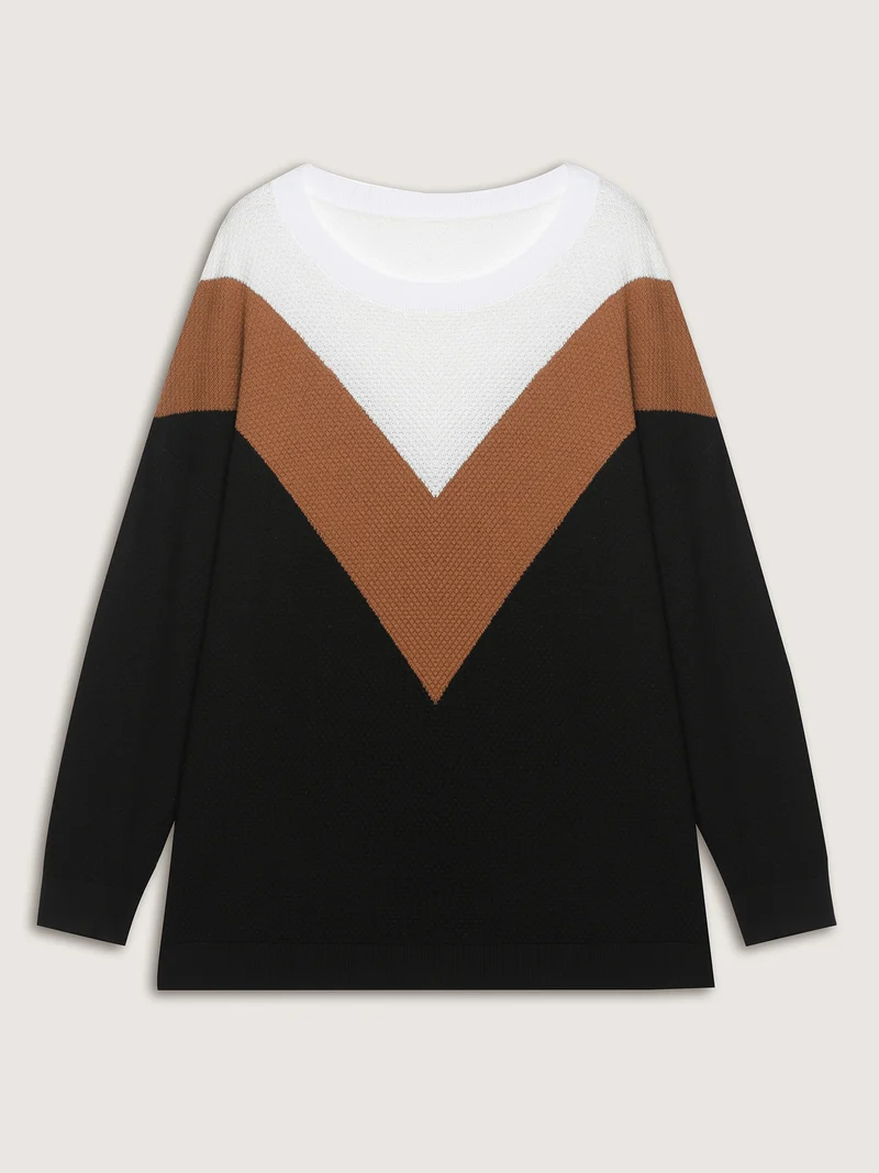 Textured Color Contrast Round Neck Pullover
