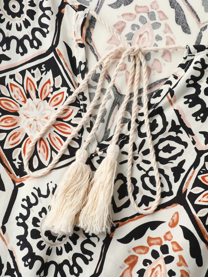 Ornate Print Neck-Tie Maxi Dress