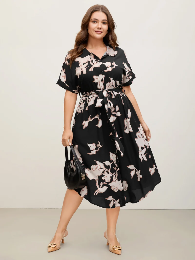 Rayon Floral Stretchy Waist Pockets Midi Dress