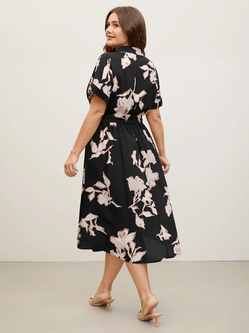 Rayon Floral Stretchy Waist Pockets Midi Dress