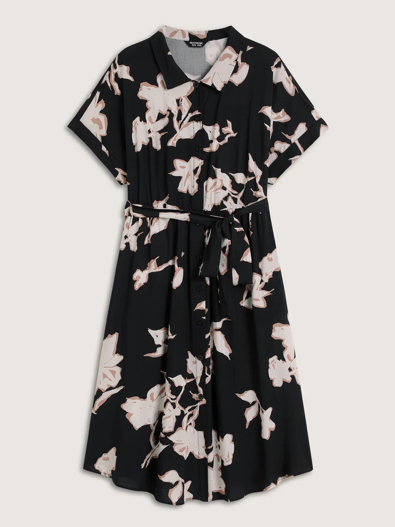 Rayon Floral Stretchy Waist Pockets Midi Dress