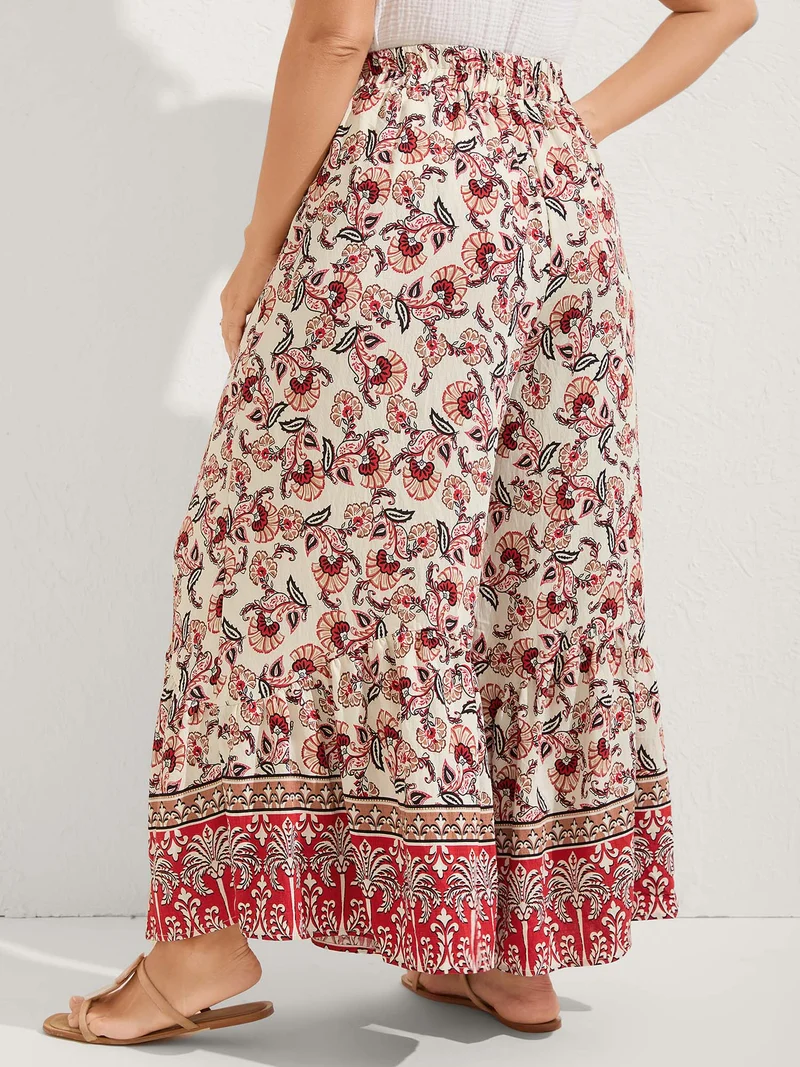 Boho Print Stretchy Waist Wide-Leg Pants