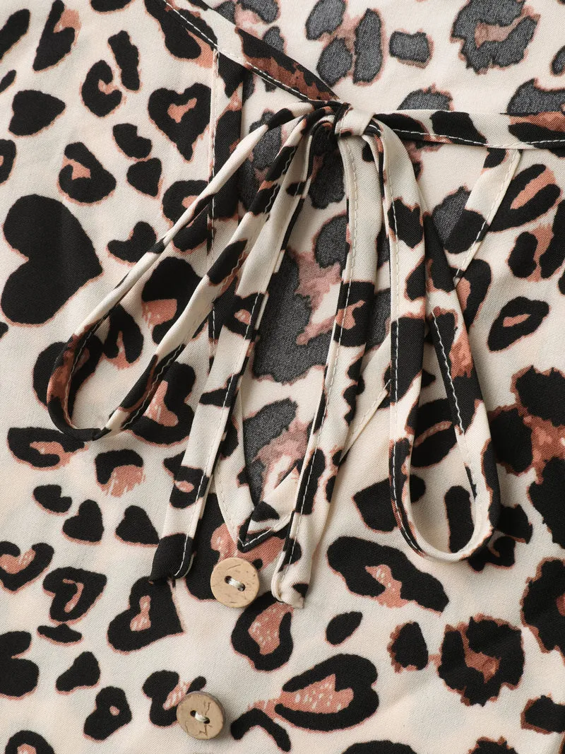 Leopard Print Lace Trim Buttons Blouse