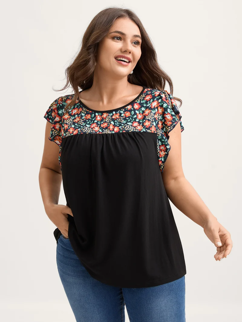 Floral Neckline Flutter Sleeve Contrast T-Shirt