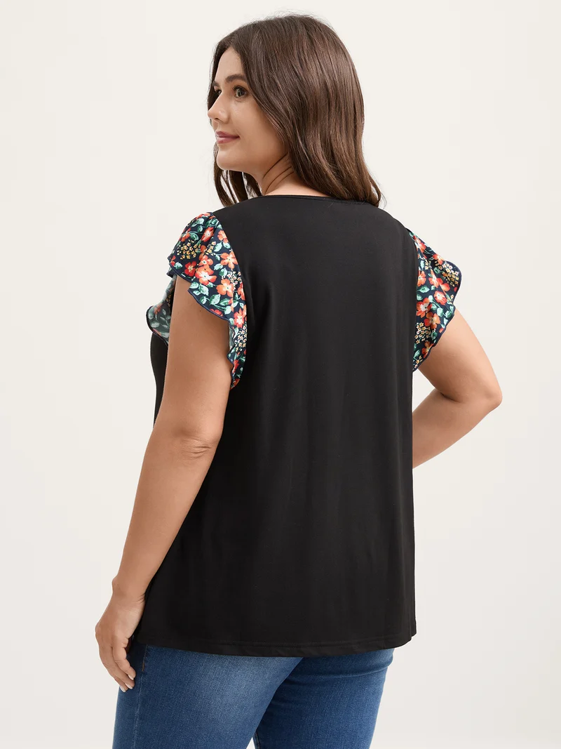 Floral Neckline Flutter Sleeve Contrast T-Shirt