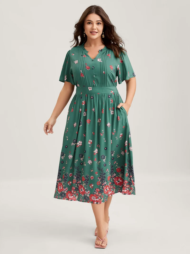 Floral Pleated Notched Collar Midi Dress