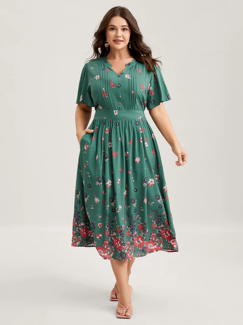 Floral Pleated Notched Collar Midi Dress