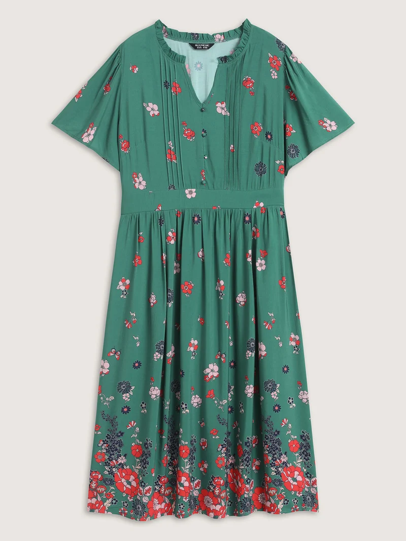 Floral Pleated Notched Collar Midi Dress