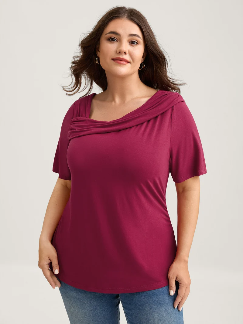 Supersoft Asymmetrical Neckline Solid T-Shirt