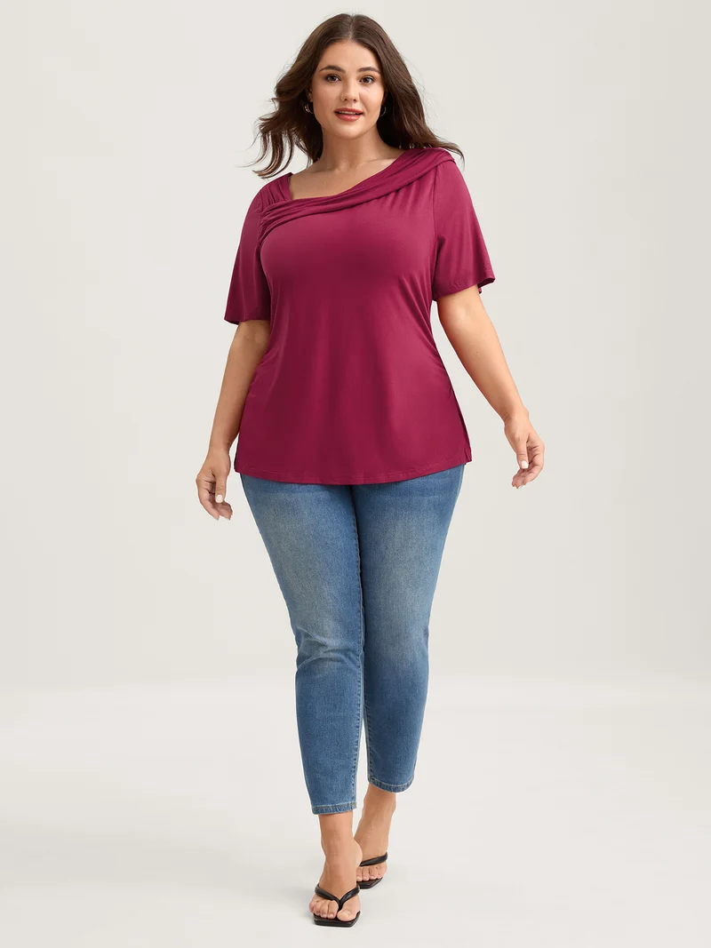 Supersoft Asymmetrical Neckline Solid T-Shirt