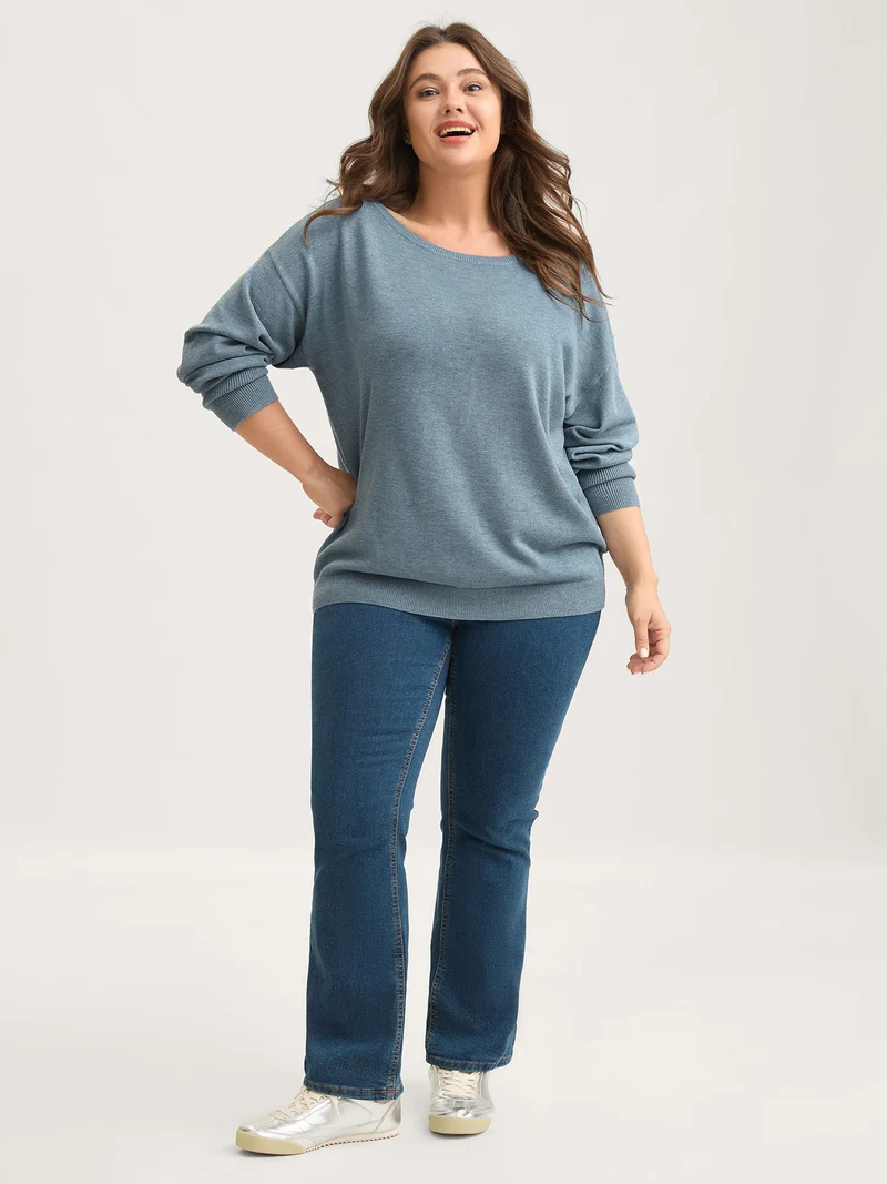 Drop Shoulder Solid Ribbed Pullover