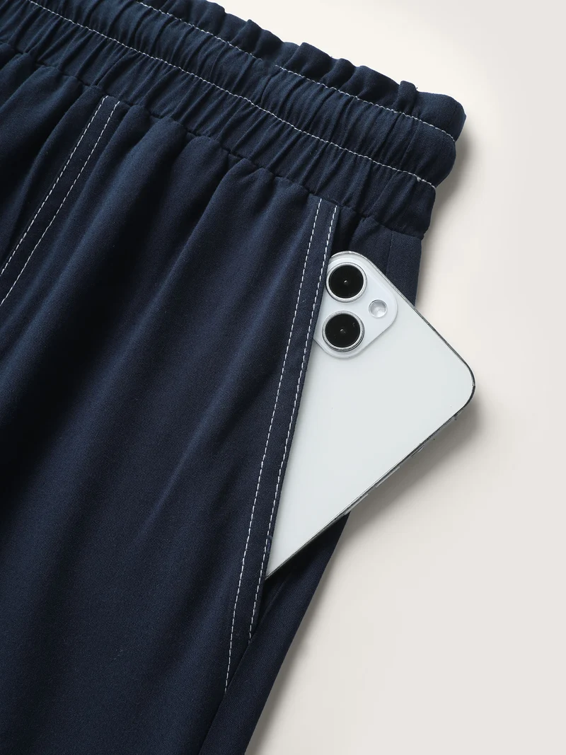 Contrast Thread Detail Wide-Leg Pants
