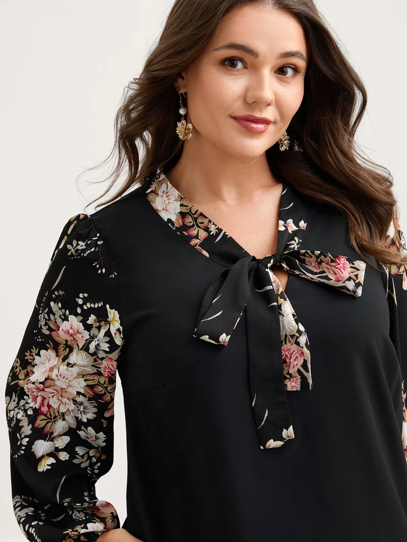 Floral Print Ribbon-Tie Neck Midi Dress