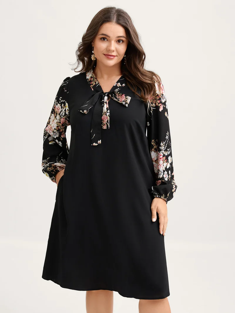 Floral Print Ribbon-Tie Neck Midi Dress