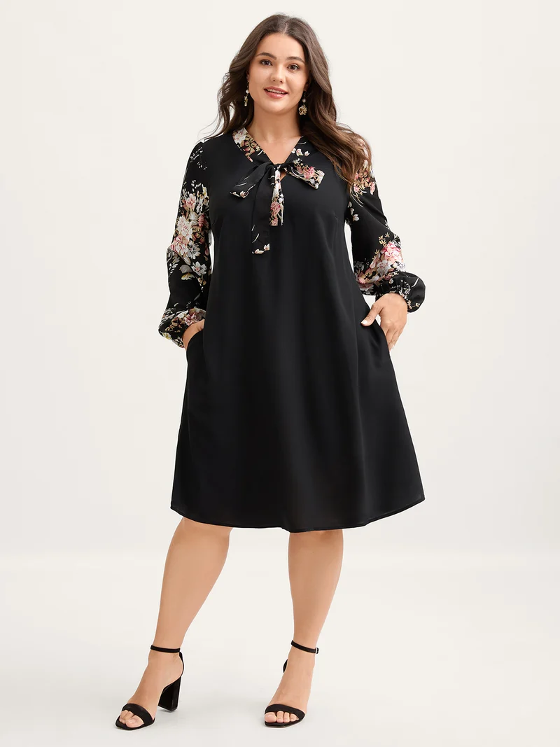 Floral Print Ribbon-Tie Neck Midi Dress