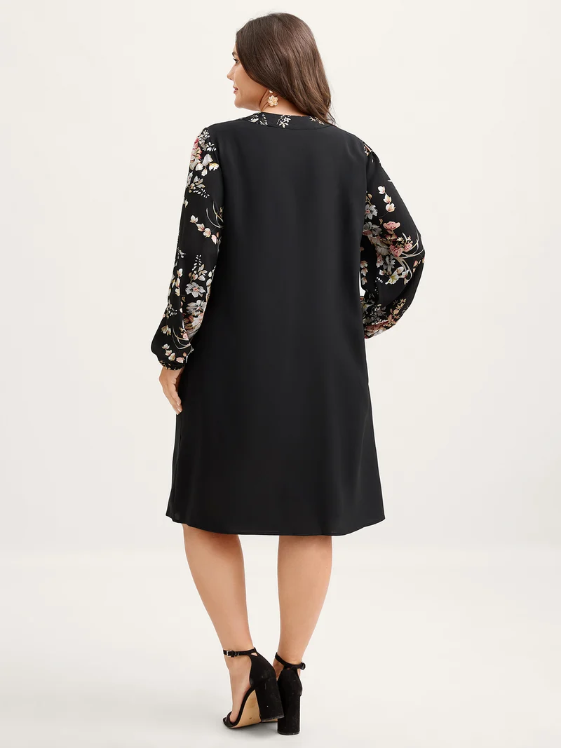 Floral Print Ribbon-Tie Neck Midi Dress