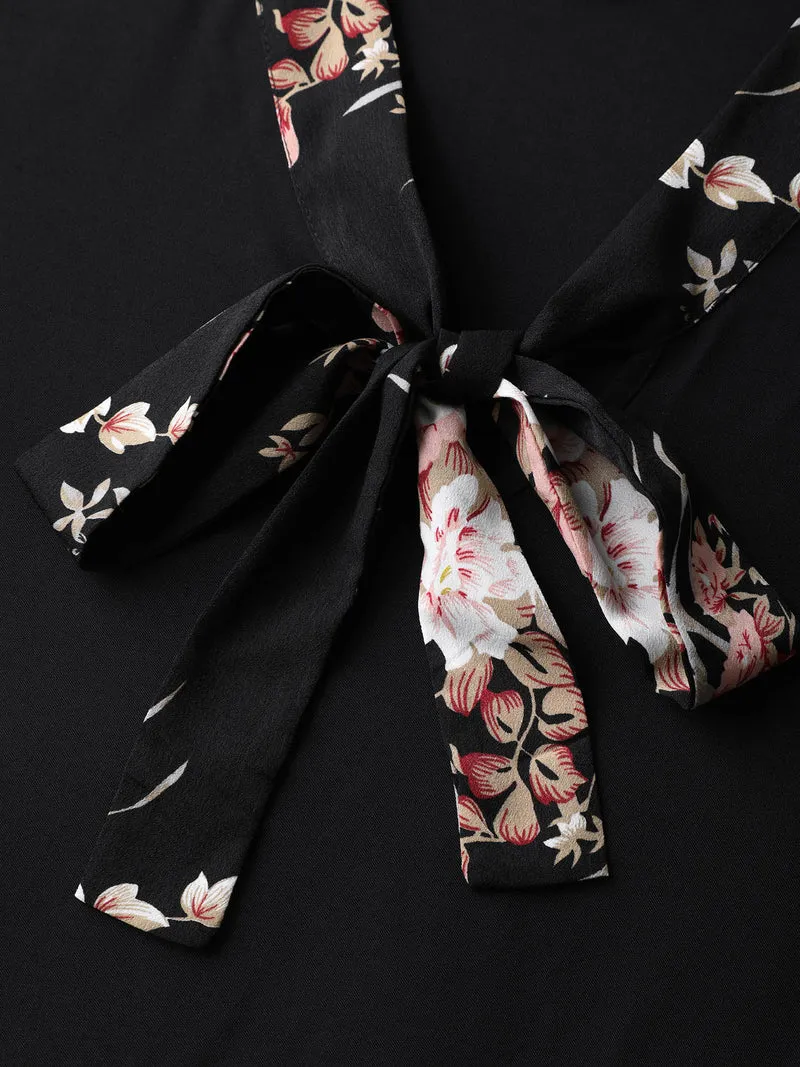 Floral Print Ribbon-Tie Neck Midi Dress