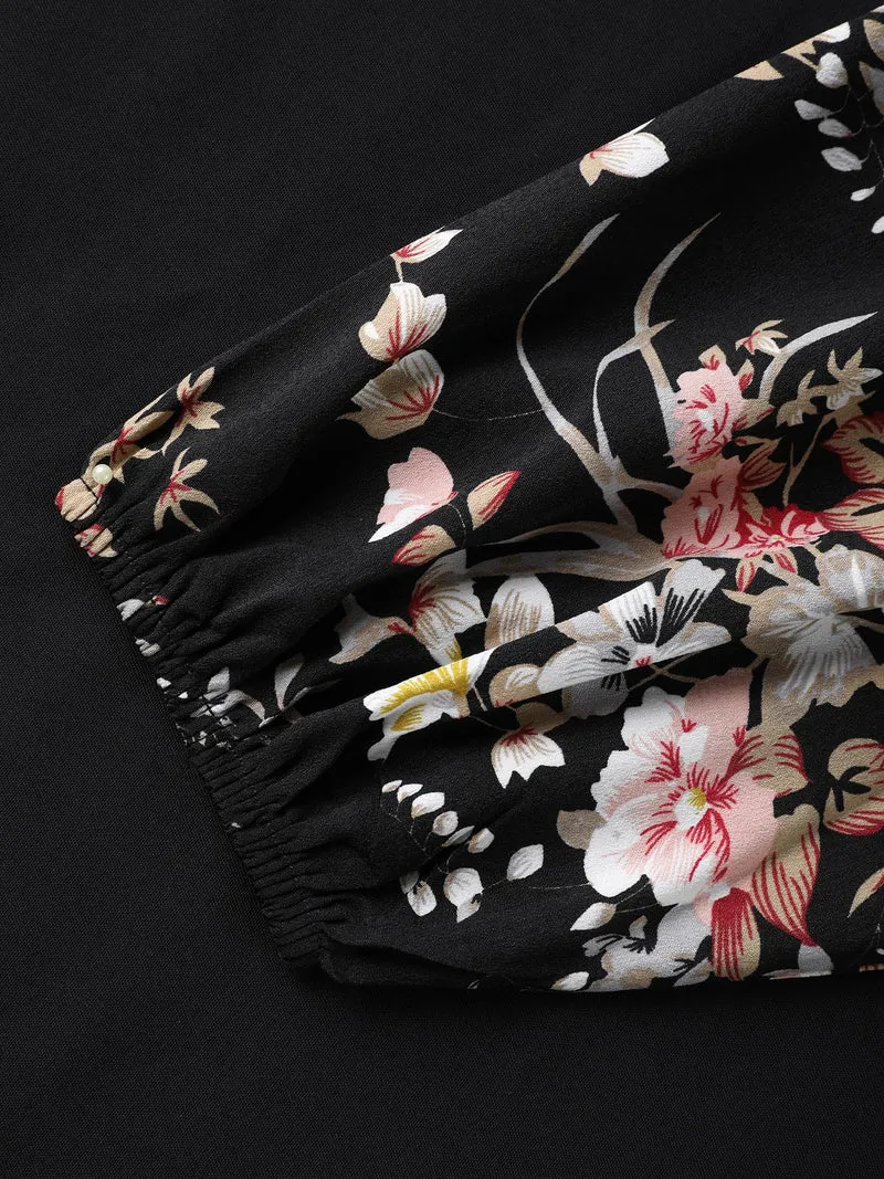 Floral Print Ribbon-Tie Neck Midi Dress