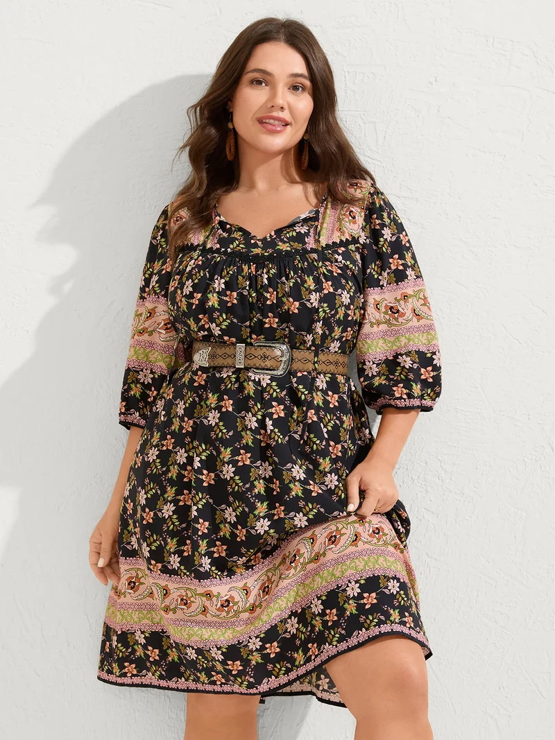 Floral Print Puffy Sleeve Pleated Midi Dress