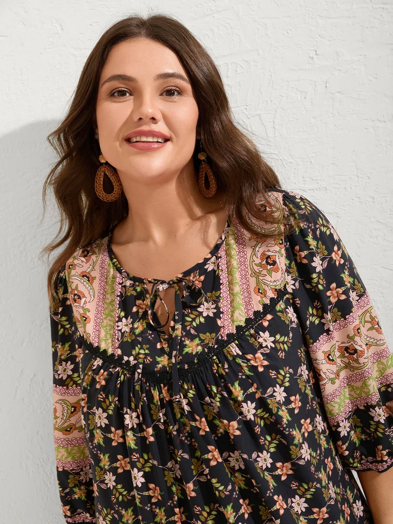 Floral Print Puffy Sleeve Pleated Midi Dress