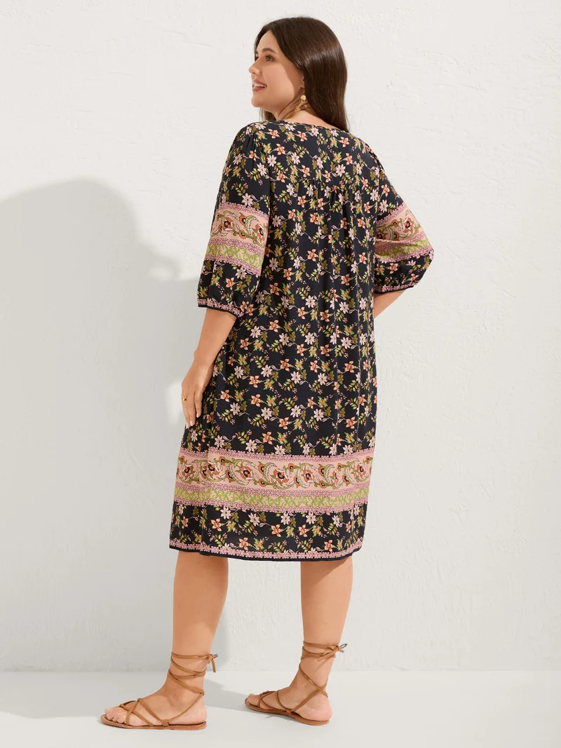Floral Print Puffy Sleeve Pleated Midi Dress