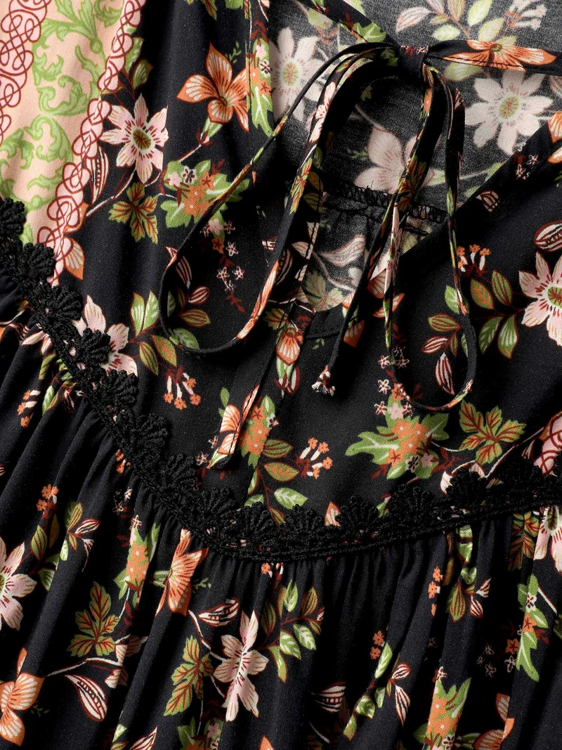 Floral Print Puffy Sleeve Pleated Midi Dress