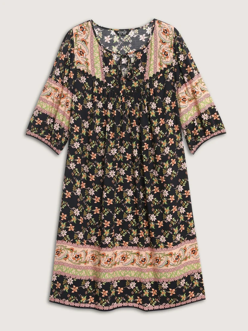 Floral Print Puffy Sleeve Pleated Midi Dress