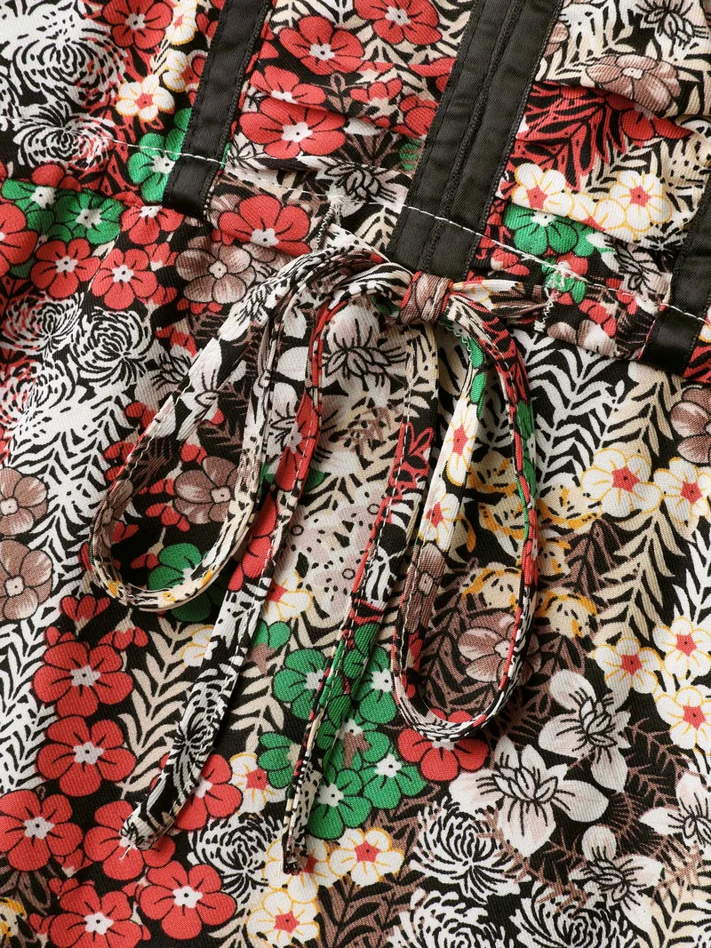 Floral Print Drawstring Waist Pockets Midi Dress