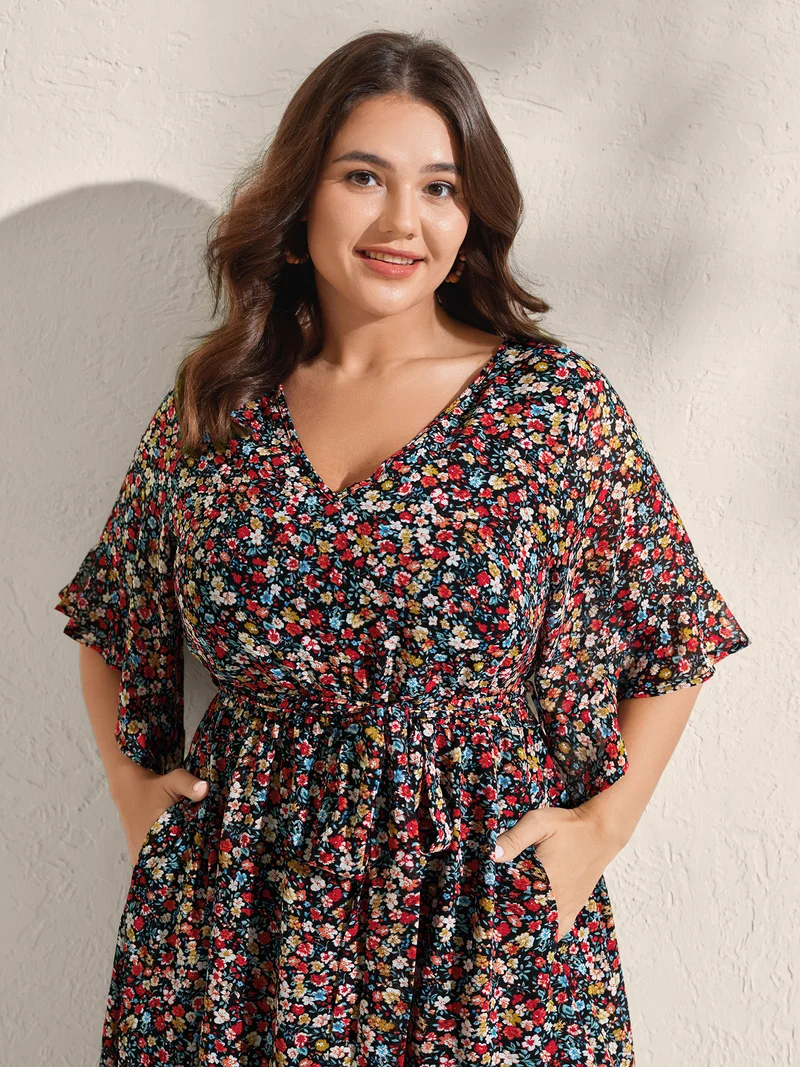 Floral Print Pockets Flared Sleeve Midi Dress