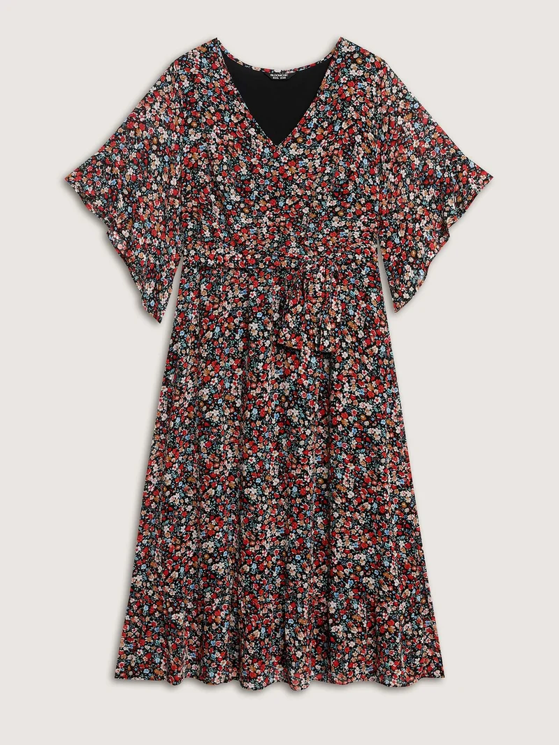 Floral Print Pockets Flared Sleeve Midi Dress