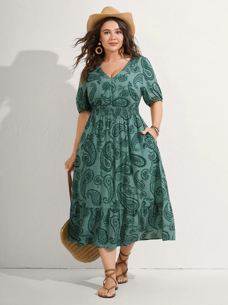 Paisley Print Shirred Waist Midi Dress