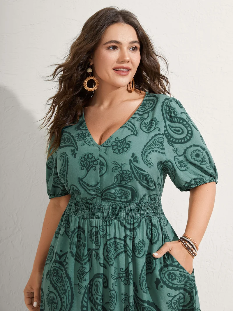 Paisley Print Shirred Waist Midi Dress