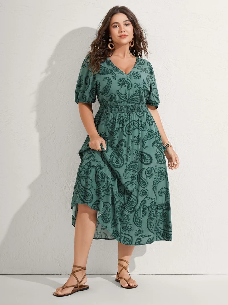 Paisley Print Shirred Waist Midi Dress