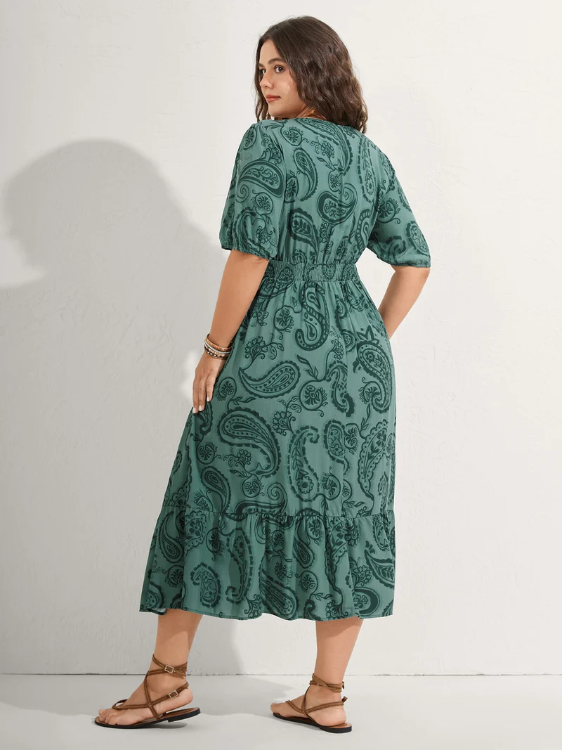 Paisley Print Shirred Waist Midi Dress