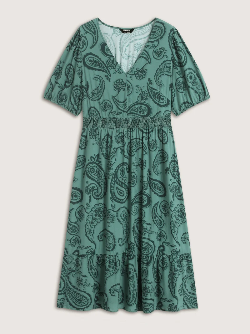 Paisley Print Shirred Waist Midi Dress
