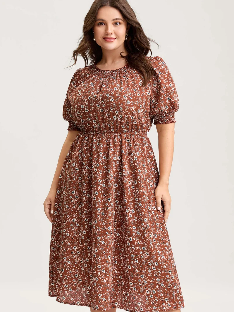 Micro-Floral Print Ruffled Neck Midi Dress