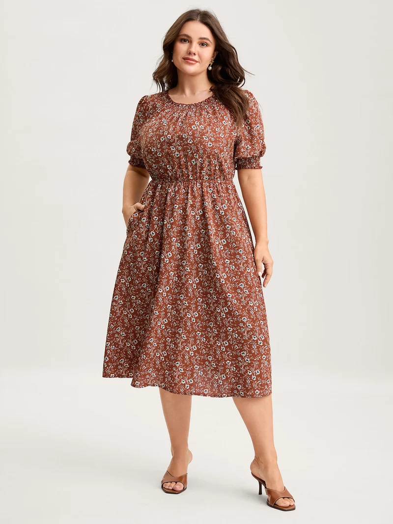 Micro-Floral Print Ruffled Neck Midi Dress