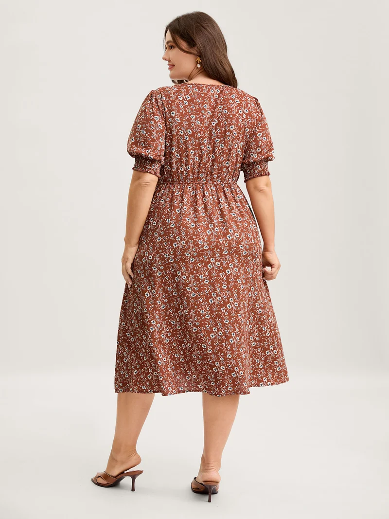 Micro-Floral Print Ruffled Neck Midi Dress