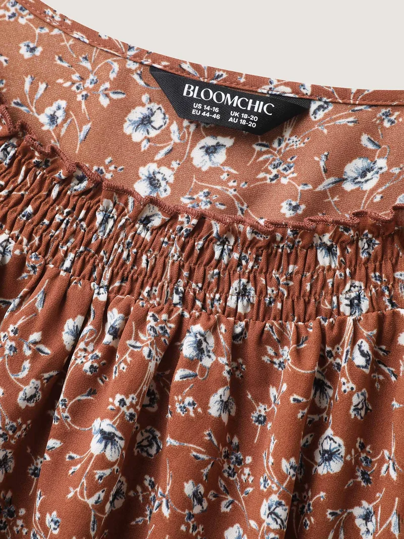 Micro-Floral Print Ruffled Neck Midi Dress