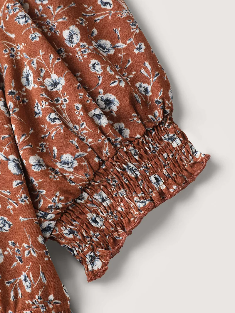 Micro-Floral Print Ruffled Neck Midi Dress