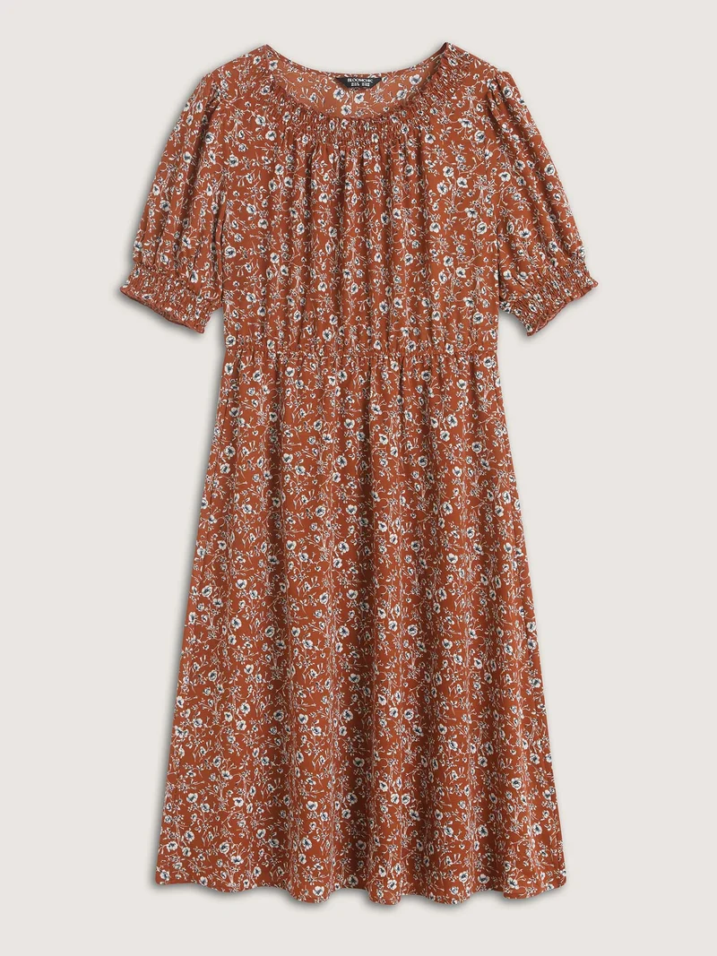 Micro-Floral Print Ruffled Neck Midi Dress