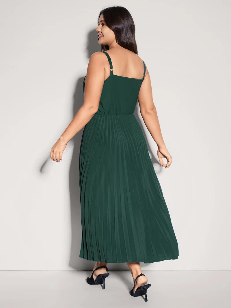 Pleated Pockets Solid Cami Midi Dress