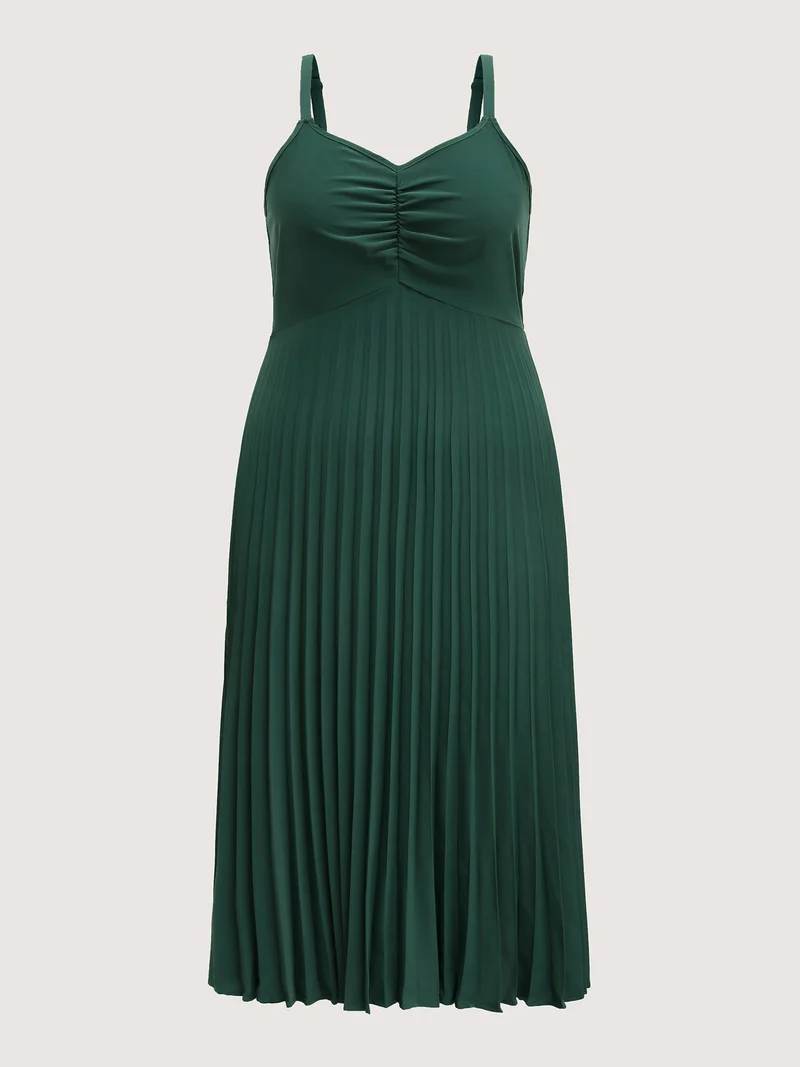 Pleated Pockets Solid Cami Midi Dress