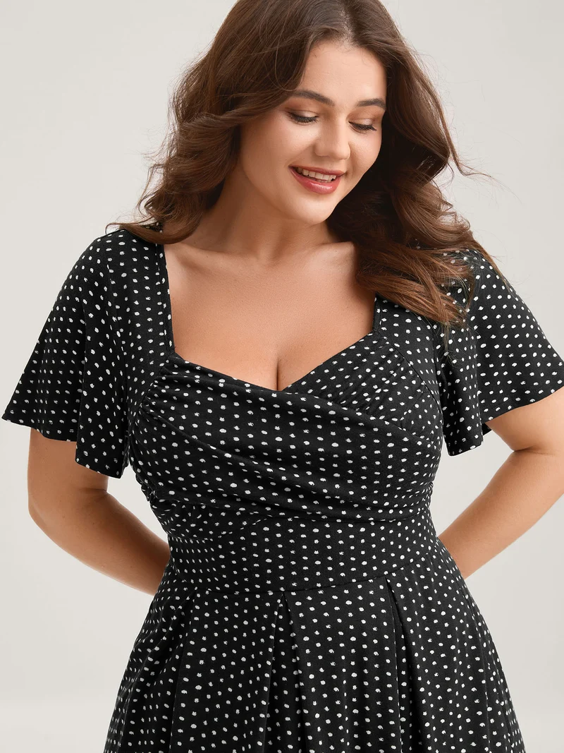 Polka Dots Pleated Overlap Bodice Midi Dress