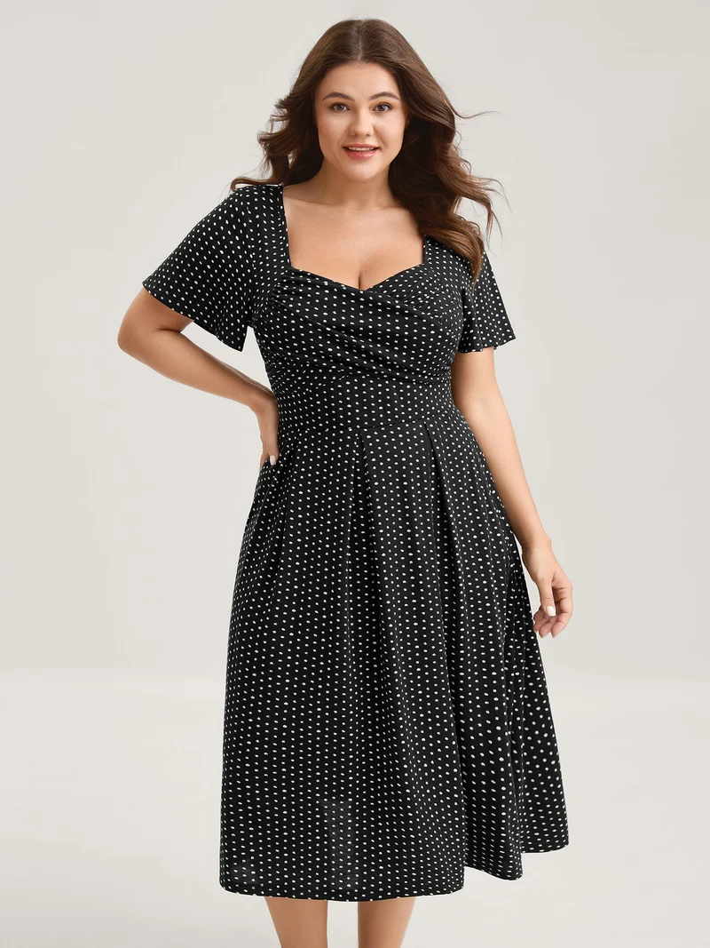 Polka Dots Pleated Overlap Bodice Midi Dress