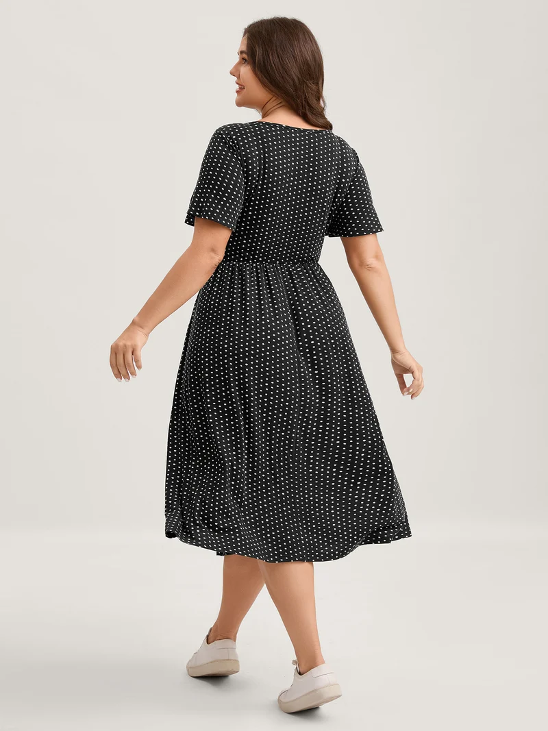 Polka Dots Pleated Overlap Bodice Midi Dress