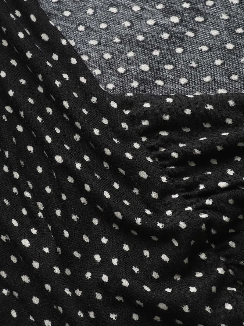 Polka Dots Pleated Overlap Bodice Midi Dress