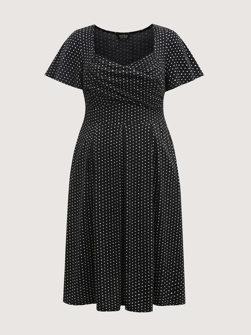 Polka Dots Pleated Overlap Bodice Midi Dress