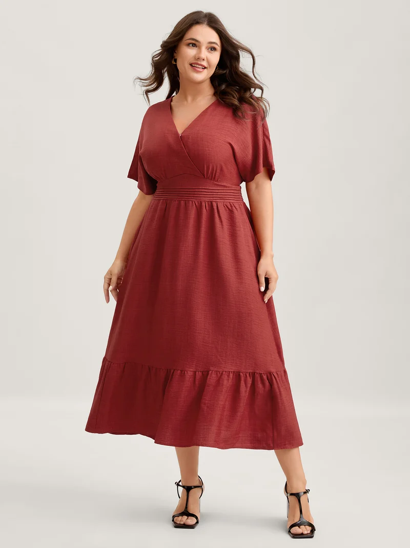 Waist-Cinched Tiered Surplice Midi Dress